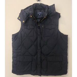 Lands End Womens Diamond Quilted Vest Goose Down XL Hooded Pockets Black Outdoor